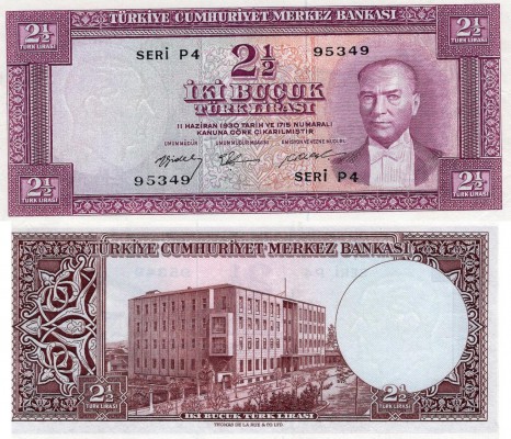 Turkey, 2 1/2 Lira, 1955, XF (+), p151Turkey, 2 1/2 Lira, 1955, XF (+), p151Turk...