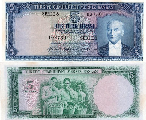 Turkey, 5 Lira, 1959, AUNC, p155
serial number: E8 103750, lightly pressed, Tur...
