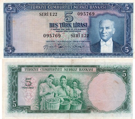 Turkey, 5 Lira, 1959, VF (+), p155
serial number: E22 095769, lightly pressed, ...