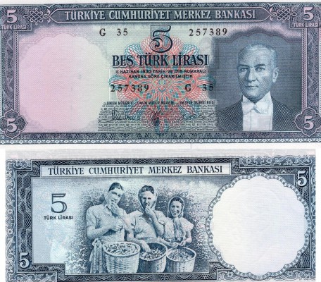 Turkey, 5 Lira, 1961, XF / AUNC, p173
serial number: G35 257389, Turkish army o...