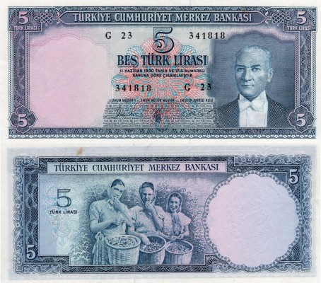 Turkey, 5 Lira, 1961, AUNC, p173
serial number: G23 341818, Turkish army office...