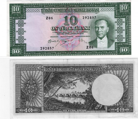 Turkey, 10 Lira, 1960, VF (+), p159
serial number: Z06 292857, natural, Turkish...