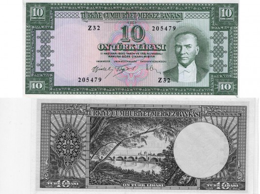 Turkey, 10 Lira, 1960, XF, p159
serial number: Z32 205479, lightly pressed, Tur...
