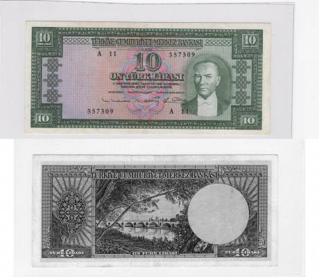 Turkey, 10 Lira, 1963, VF, p161
serial number: A11 357309, pressed, Turkish arm...