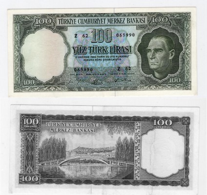Turkey, 100 Lira, 1964, XF, p177
serial number: Z62 065990, pressed, Turkish ar...