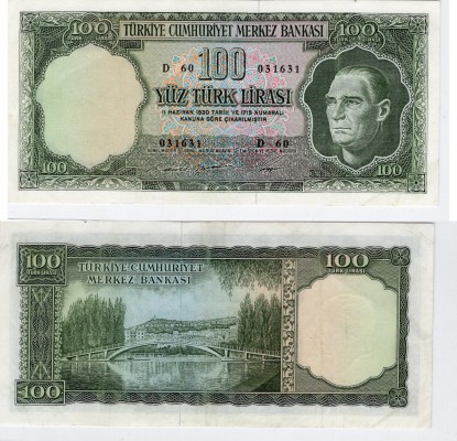 Turkey, 100 Lira, 1969, XF, p182
serial number: D60 031631, pressed, Turkish ar...