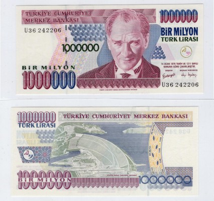Turkey, 1.000.000 Lira, 2002, UNC, p213
serial number: U36 242206, "U" last pre...