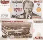 Turkey, 5.000.000 Lira, 1997, UNC, p210b
serial number: F29 386353, Turkish army officer, revolutionary, and founder of the Republic of Turkey Mustaf...