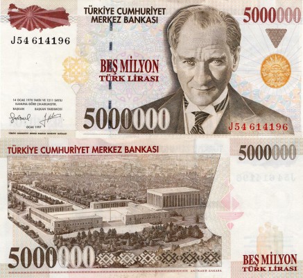 Turkey, 5.000.000 Lira, 1997, XF (+), p210b
serial number: J54 614196, natural,...
