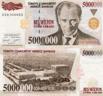 Turkey, 5.000.000 Lira, 1997, XF (+), p210b
serial number: K59 066663, natural,...