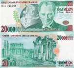 Turkey, 20.000.000 Lira, 2001, UNC, p215
serial number: D38 945898, Turkish army officer, revolutionary, and founder of the Republic of Turkey Mustaf...