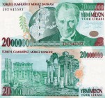 Turkey, 20.000.000 Lira, 2001, UNC, p215
serial number: J02 845503, Turkish army officer, revolutionary, and founder of the Republic of Turkey Mustaf...