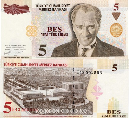 Turkey, 5 New Lira, 2005, UNC, p217
serial number: E43 502593, Turkish army off...