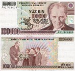 Turkey, 100.000 Lira, 1991, UNC, p205a, "A01"
serial number: A01 348405, "A01" Prefix, stained, Turkish army officer, revolutionary, and founder of t...