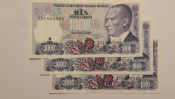 Turkey, 1.000 Lira, 1986, AUNC, p196 (THREE CONSECUTİVE BANKNOTES)
serial numbers:A57 636563 - A57 636564 - A57 636565, "A" first prefix, Turkish arm...