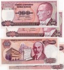 Turkey, 100 Lira, 1983, UNC, p194 (TWO BANKNOTES)
serial numbers: A25 364029- A43 788873, "A" first prefix, Turkish army officer, revolutionary, and ...