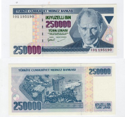 Turkey, 250.000 Lira, 1998, UNC, p207, "I01"
serial number: I90 195190, "I01" f...