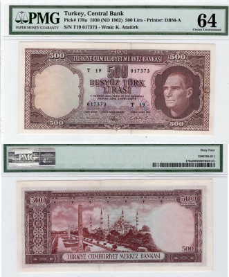 Turkey, 500 Lira, 1962, UNC, p178a , VERY RARE
PMG 64, serial number:T19 017373...