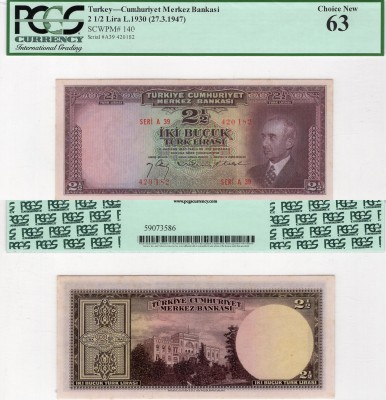 Turkey, 2 1/2 Lira, 1947, UNC, p140Turkey, 2 1/2 Lira, 1947, UNC, p140Turkey, 2 ...