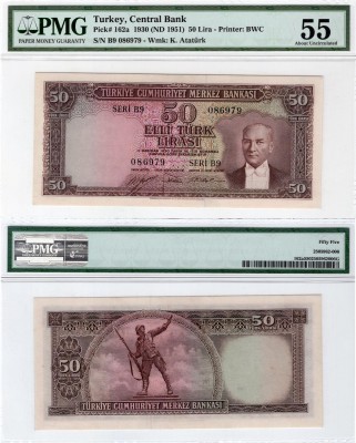 Turkey, 50 Lira, 1951, AUNC, p162a , VERY RARE
PMG 55, serial number: B9 086979...