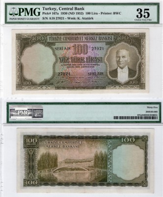 Turkey, 100 Lira, 1952, VF, p167a 
PCGS 35, serial number: A18 27021, Turkish a...
