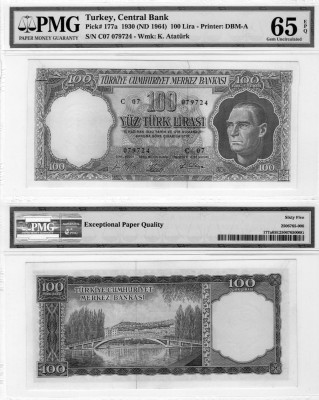 Turkey, 100 Lira, 1964, UNC, p177a
PMG 65, EPQ, serial number: C07 079724, Turk...