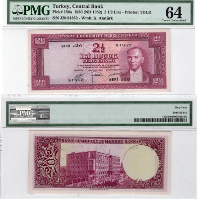 Turkey, 2 1/2 Lira, 1952, UNC, p150aTurkey, 2 1/2 Lira, 1952, UNC, p150aTurkey, ...
