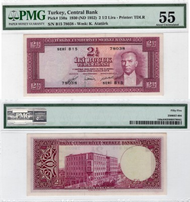 Turkey, 2 1/2 Lira, 1952, AUNC, p150aTurkey, 2 1/2 Lira, 1952, AUNC, p150aTurkey...