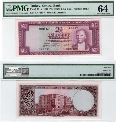 Turkey, 2 1/2 Lira, 1955, UNC, p151aTurkey, 2 1/2 Lira, 1955, UNC, p151aTurkey, ...