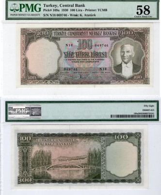 Turkey, 100 Lira, 1958, AUNC, p169a, RARE
PMG 58, serial number: N18 069746, Tu...