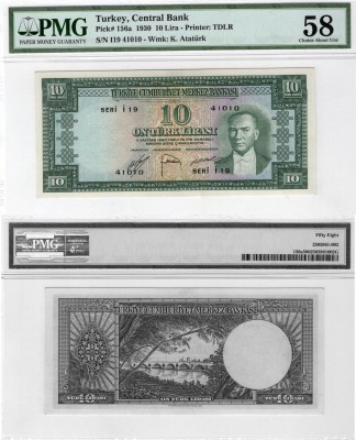 Turkey, 10 Lira, 1952, AUNC, p156a, VERY RARE
PMG 58, serial number: İ19 41010,...