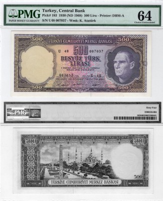 Turkey, 500 Lira, 1968, UNC, p183
PMG 64, serial number: U48 007037, Turkish ar...