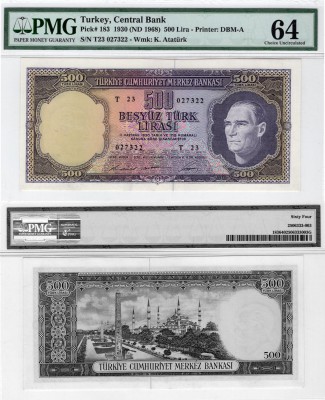 Turkey, 500 Lira, 1968, UNC, p183
PMG 64, serial number: T23 027322, Turkish ar...