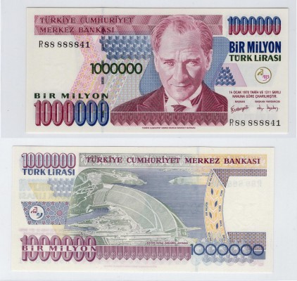 Turkey, 1.000.000 Lira, 2002, UNC, p213
serial number: R88 888841, nice number,...