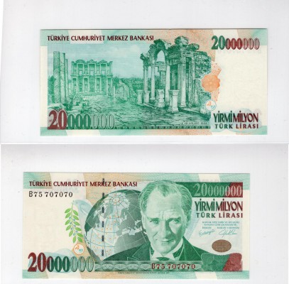Turkey, 20.000.000 Lira, 2001, UNC, p215
serial number: B75 707070, NICE NUMBER...