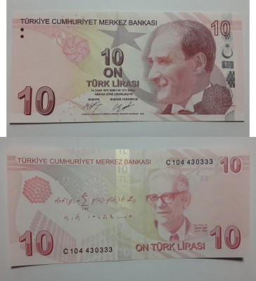 Turkey, 10 Lira, 2014, UNC, p223c
serial number: C104 430333, NICE NUMBER, Turk...