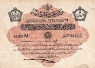 Turkey, Ottoman Empire, 5 Piastres, 1916, XF (+), p87
V. Mehmed Reşad period, serial number: M 704142, AH: 1331, signs: (upper) Talat, (lower) Hüseyi...
