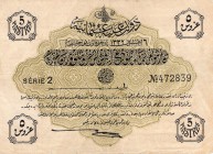 Turkey, Ottoman Empire, 5 Piastres, 1916, XF, p96
V. Mehmed Reşad period, serial number: 2 472839, AH: 1332, signs: (upper) Talat, (lower) Hüseyin Ca...