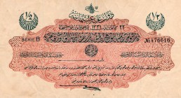 Turkey, Ottoman Empire, 1/2 Lira, 1916, XF, p82
V. Mehmed Reşad period, serial number: B 476616, AH: 22 December 1331, signs: (upper) Talat, (lower) ...