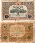 Turkey, Ottoman Empire, 25 Lira, 1918, FINE, p111
VI. Mehmed Vahdeddin period, serial number: B 006813, AH: 28 March 1334, Type 1, signs: (front) Cav...