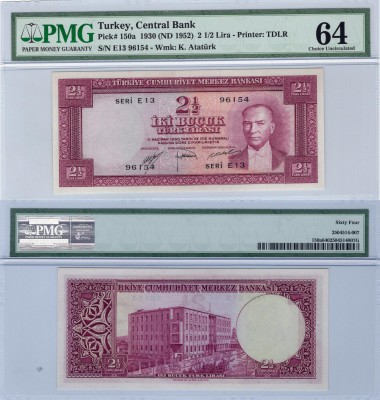 Turkey, 2 1/2 Lira, 1952, UNC, p150aTurkey, 2 1/2 Lira, 1952, UNC, p150aTurkey, ...