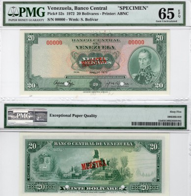 Venezuela, 20 Bolivares, 1972, UNC, p52s, SPECİMEN
PMG 65, EPQ, serial number: ...
