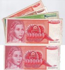Yugoslavia, 10 /10.000 / 50.000 / 100.000 Dinara, FINE- XF (4 different banknotes) 
10 Dinara; 1990, VF, p103, 10.000 Dinara; 1992, XF, p116a, 50.000...