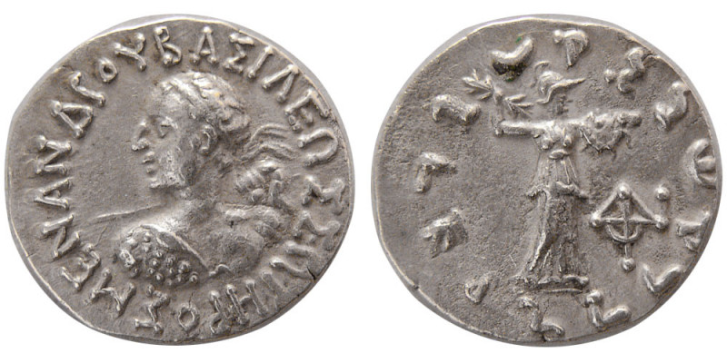 INDO-GREEK KINGS, Menander. 155-130 BC. AR Drachm (2.35 gm; 17 mm). Well struck ...