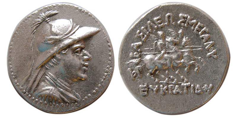 KINGS of BACTRIA. Eukratides I. ca. 171-145 BC. Silver Drachm (4.00 gm; 19 mm). ...