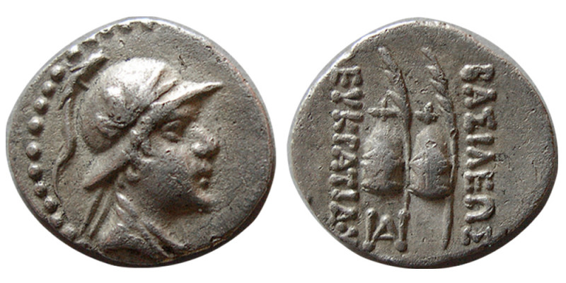 BACTRIAN KINGDOM. Eukratides I. 171-145 BC. AR Obol (0.62 gm; 12 mm). Diademed a...