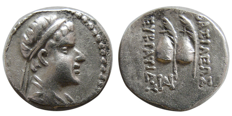 BACTRIAN KINGS, Eukratides I. 171-145 BC. AR Obol (0.67 gm; 12 mm). Diademed and...
