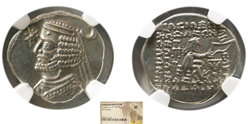 KINGS of PARTHIA. Orodes II. 57-38 BC. AR Drachm. NGC-XF. Mithradatkart mint. St...