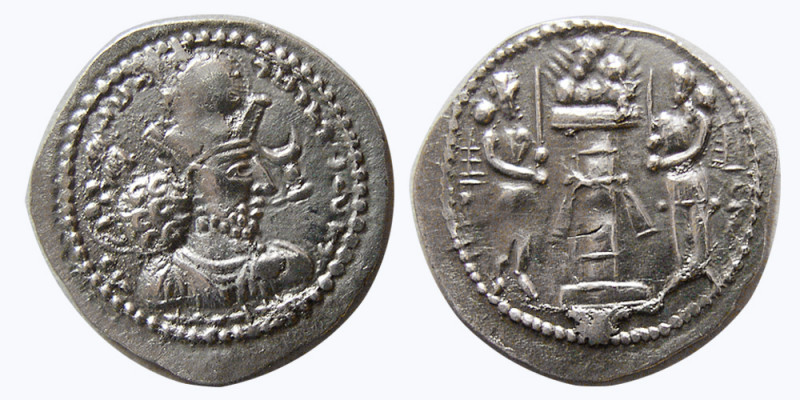 SASANIAN KINGS. Shapur II, 309-379 AD. AR Obol (0.69 gm; 14 mm). Sunrise 853. Ob...