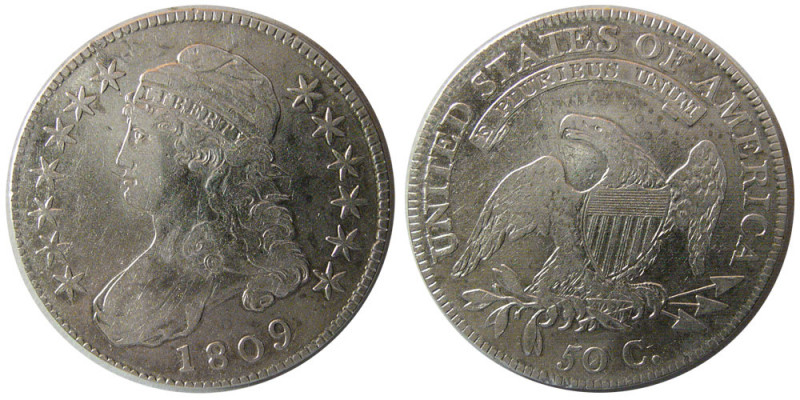 UNITED STATES. 1809 Capped Bust. Half Dollar. Minor ding on the edge at 10. Clea...